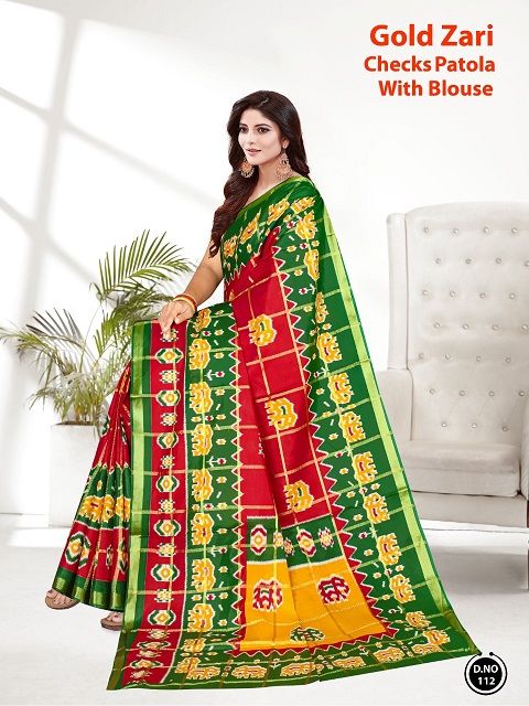 Gold Zari Checks Patola Ethnic Wear Cotton Printed Saree Collection